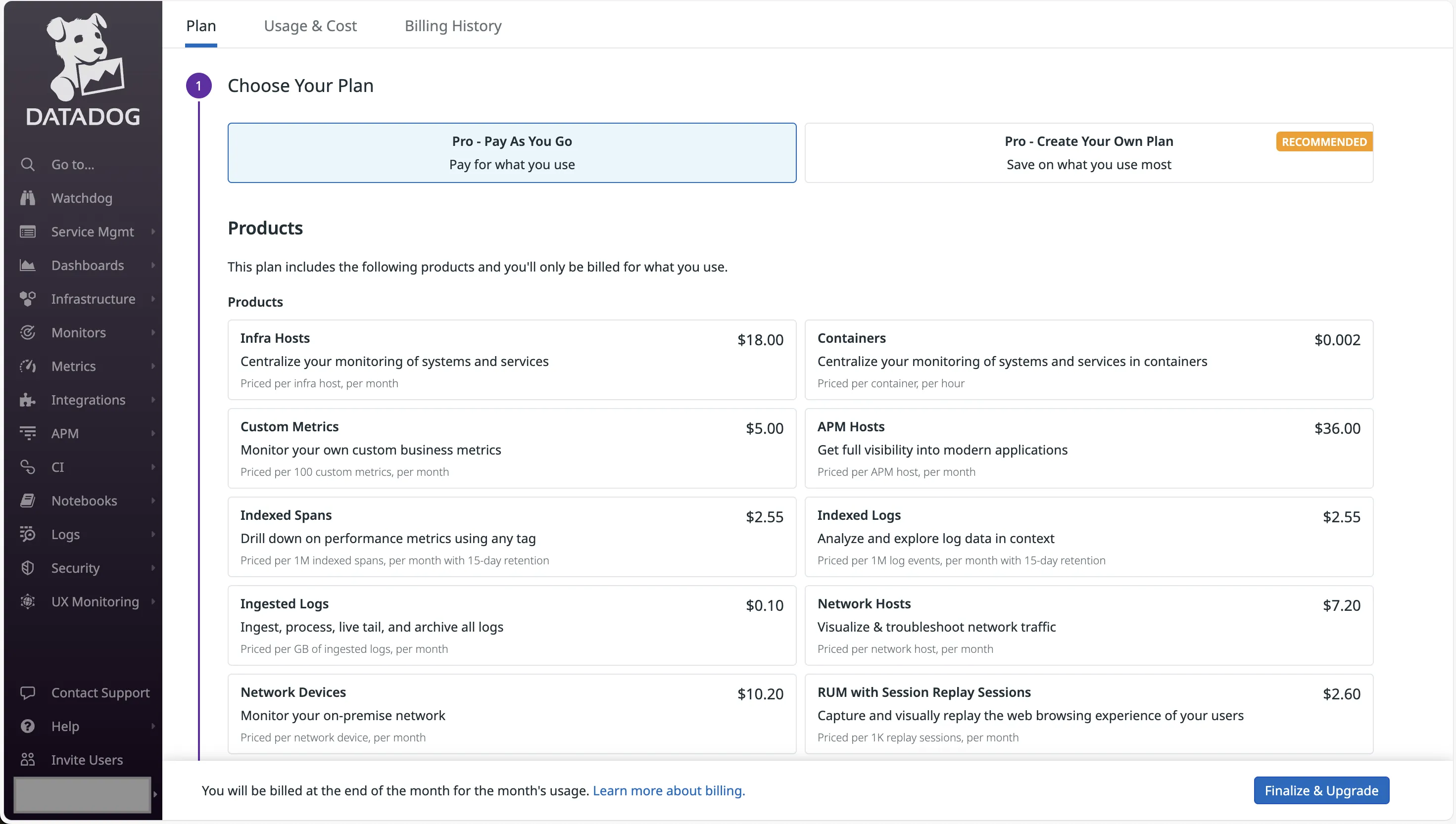 Datadog pricing page