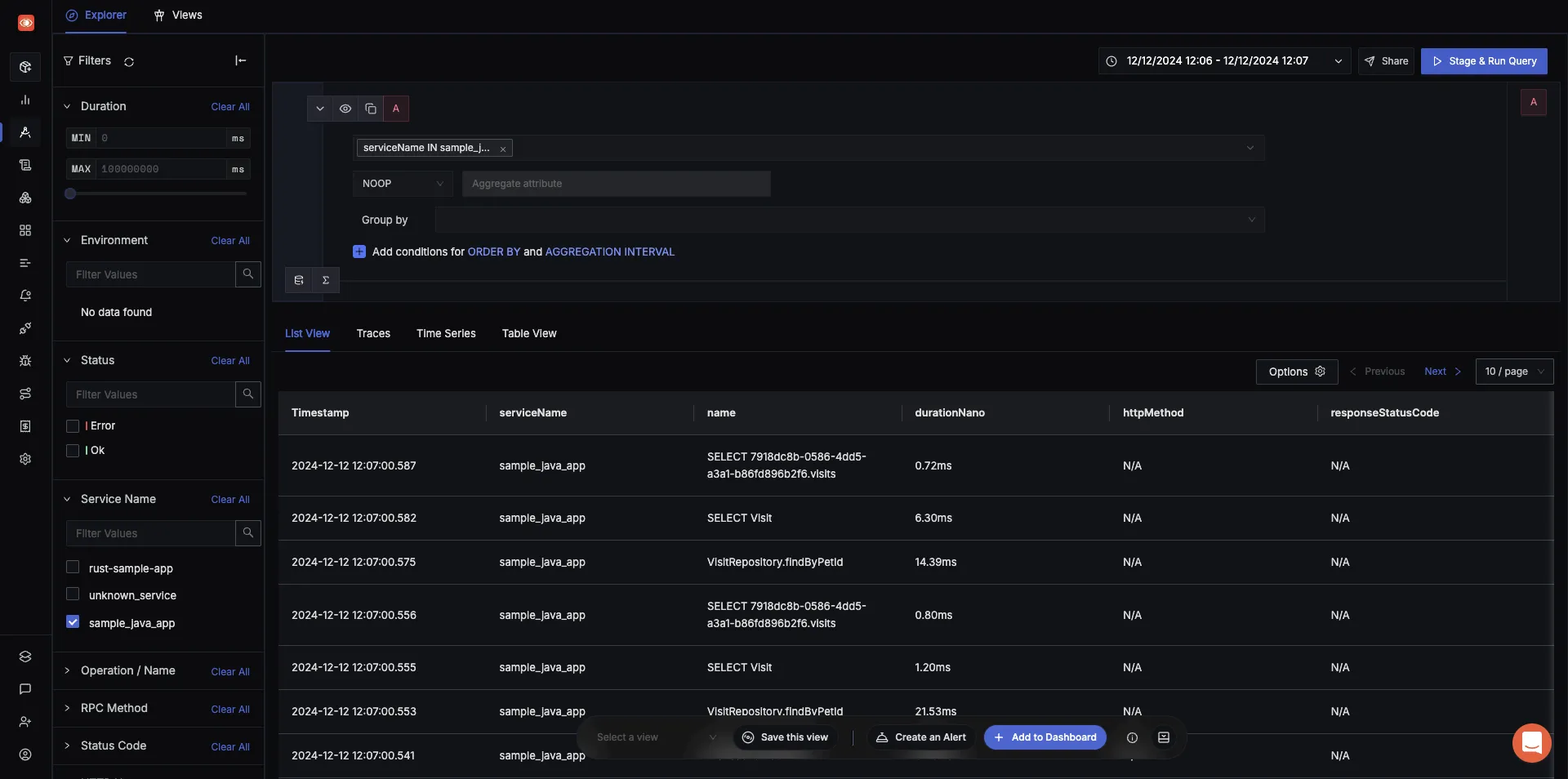 Trace Explorer showing data from Spring Boot Application