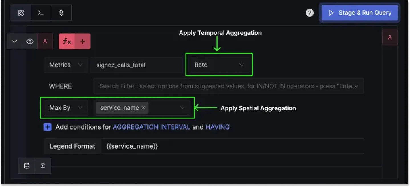 Spatial & temporal aggregations in the metrics query builder of SigNoz